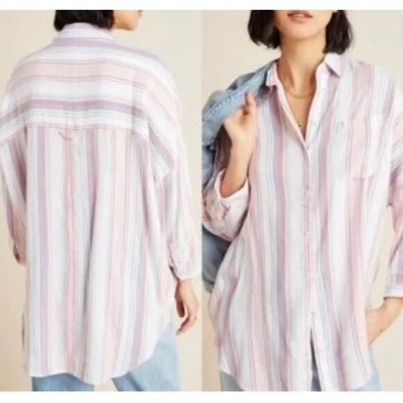 Pilcro Anthropologie The Boyfriend Striped Oversized Button Down Top XS/S - Picture 2 of 11